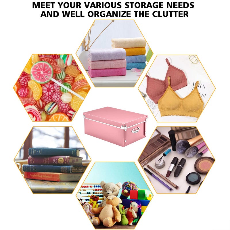 SEEKIND Storage Box, Decorative Storage Bins with Lid,3 in 1 Set,Plastic,with Handles,Press-Stud Fastening,Moisture-proof,Foldable for Space Saving Storage,for Clothes,Cosmetic,Blankets (Pink) â€¦ â€¦ - Image 2